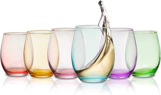 Colored Stemless Wine Glasses 12 oz (Set of 6) - by The Wine Savant