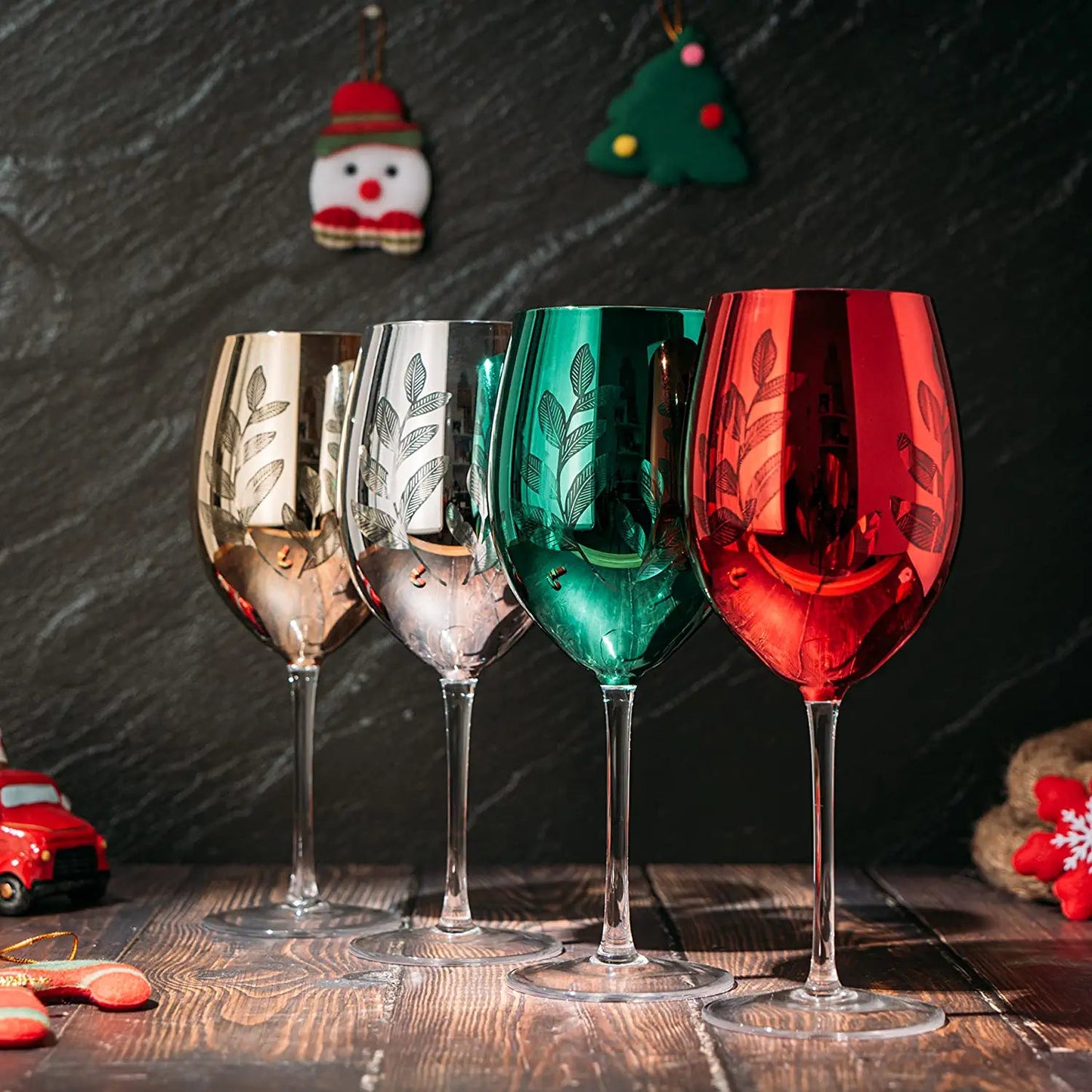 Etched Multicolor Christmas Stemmed Wine Glasses (Set of 4) - by The Wine Savant