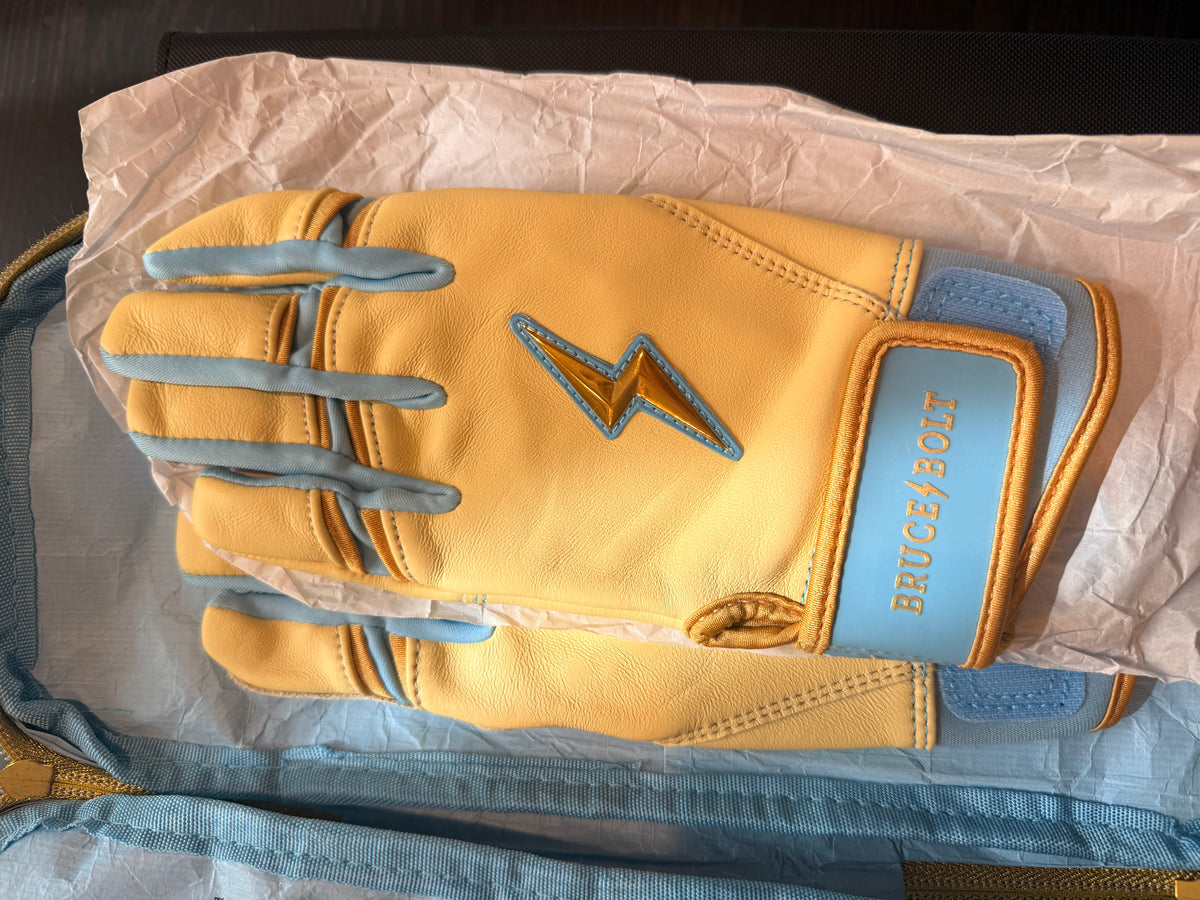 *Bruce Bolt Short Cuff (Creator Series Ivory Blue Batting Gloves)