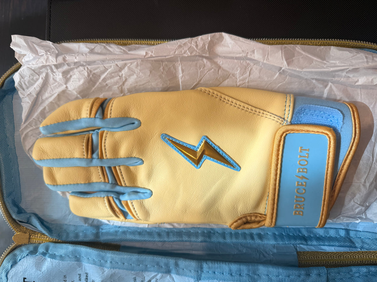 *Bruce Bolt Short Cuff (Creator Series Ivory Blue Batting Gloves)