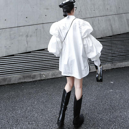 Daoko Pleated Puff Long Sleeve Shirt - White by Marigold Shadows