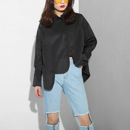 Sonoya Lapel Long Sleeve Irregular Hem Shirt by Marigold Shadows