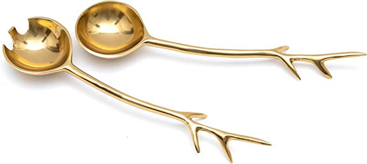 Twig Salad Servers Brass & Stainless Steel, Fork & Spoon Set Leaf Design Gold by Gute by Gute Decor