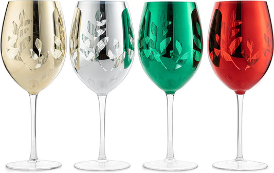 Etched Multicolor Christmas Stemmed Wine Glasses (Set of 4) -  by The Wine Savant