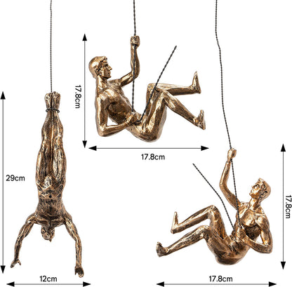 Resin Made Climbing Men Man Wall Art Home Decor Sculpture by Gute (Set of 3) - Perfect Home Decor Gift, Climbing Man Wall Sculpture Unique Hand-finished Statue Figurine Office Art Decor Set - Gold by Gute Decor