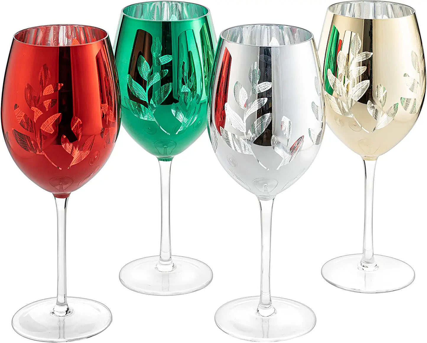 Etched Multicolor Christmas Stemmed Wine Glasses (Set of 4) -  by The Wine Savant