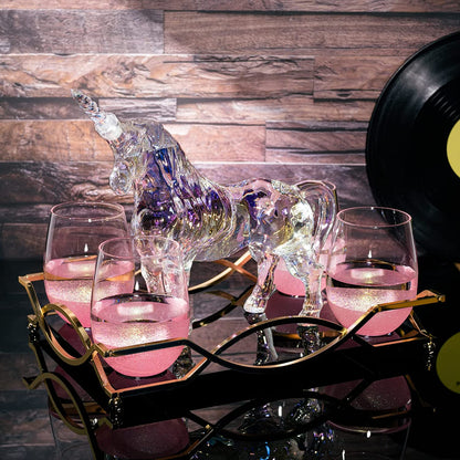 Iridescent Unicorn Decanter Set w/ 4 Pink Sparkle Glasses - by The Wine Savant