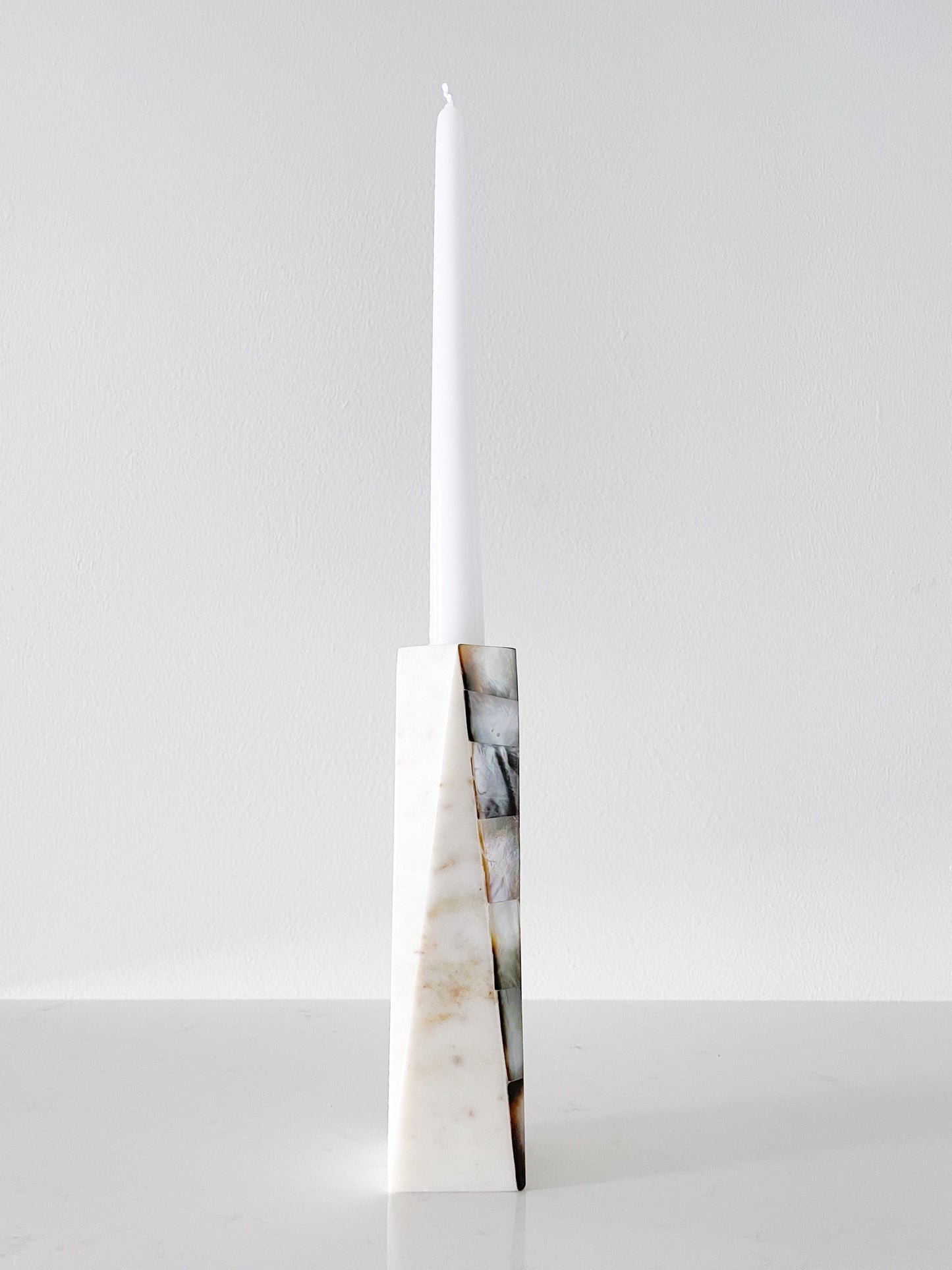 White Marble Grey Mother of Pearl Candle Holders by Anaya