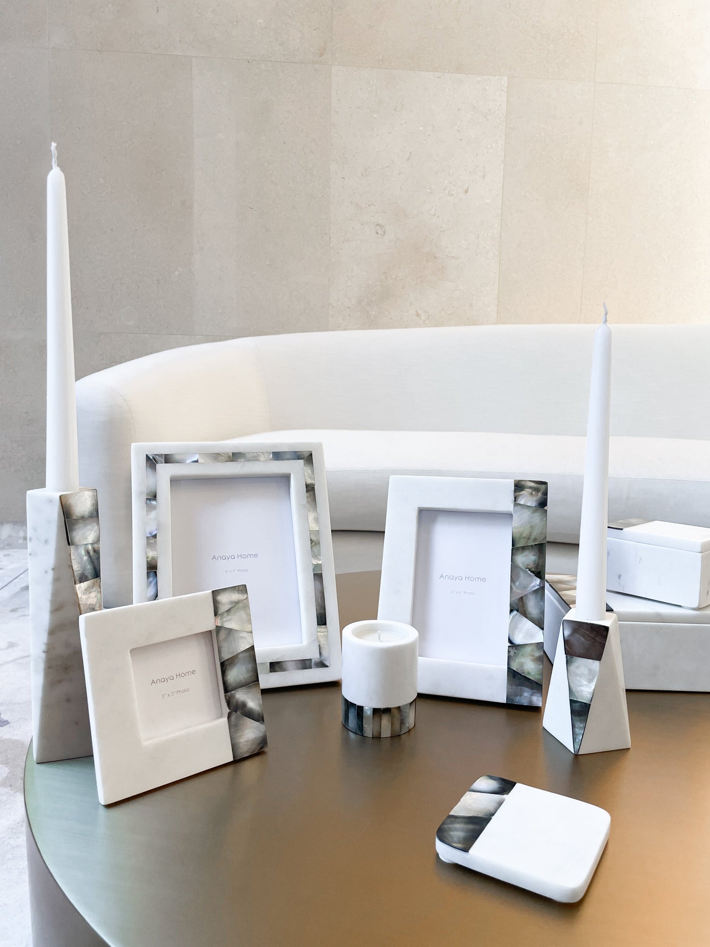 White Marble Grey Mother of Pearl Candle Holders by Anaya