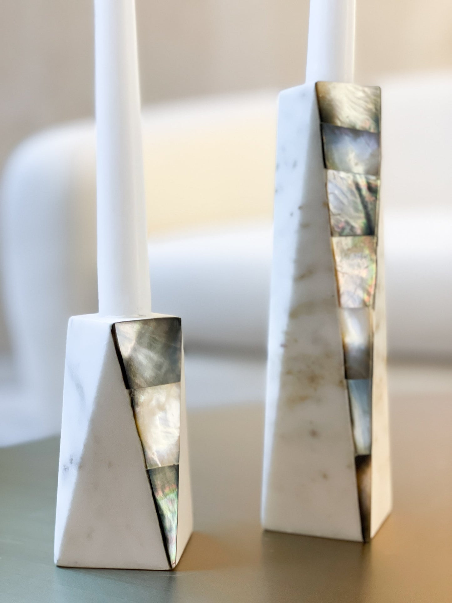 White Marble Grey Mother of Pearl Candle Holders by Anaya