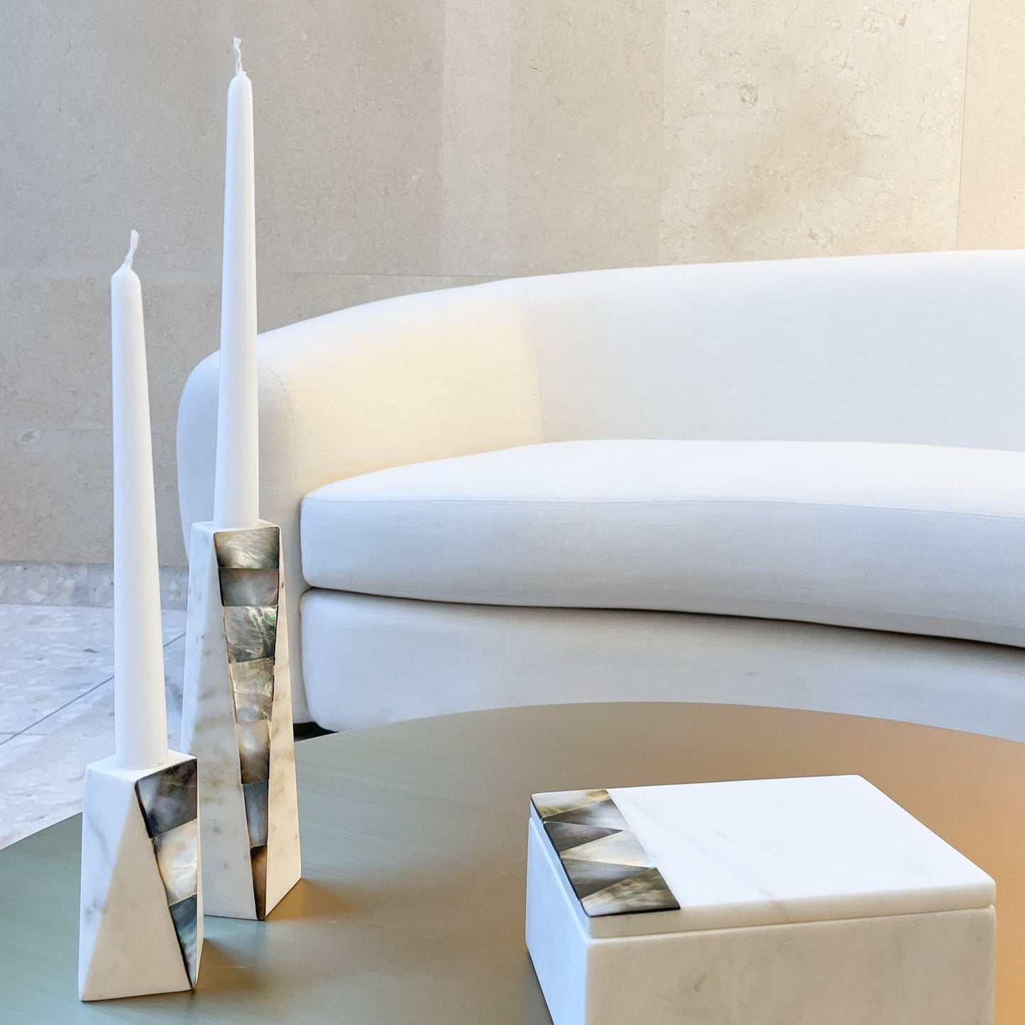 White Marble Grey Mother of Pearl Candle Holders by Anaya