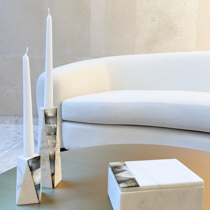 White Marble Grey Mother of Pearl Candle Holders by Anaya