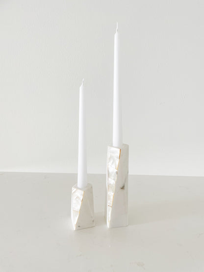 White Marble Mother of Pearl Candle Holders by Anaya
